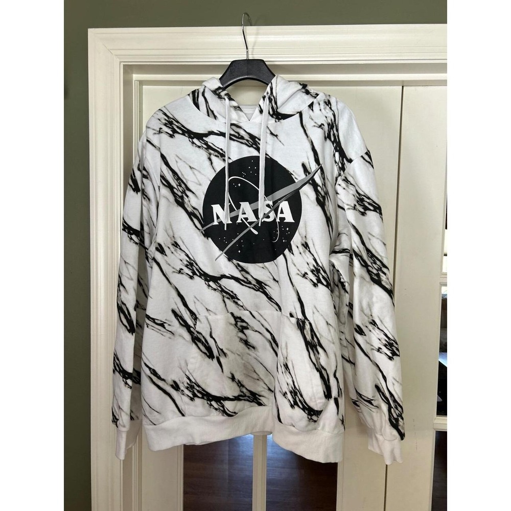 NASA Mens XXL White Black Marble Print Hooded Sweatshirt Pullover RN117508